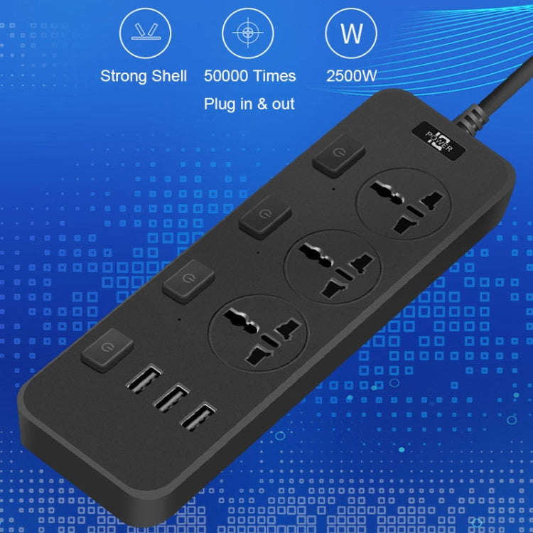 T14 2m 2500W 3 Plugs + 3-USB Ports Multifunctional Socket With Switch, Specification: EU Plug (Wh...