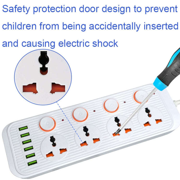 A05 2m 3000W 4 Plugs + 6-USB Ports Multifunctional Flame-Retardant Socket With Switch(UK Plug)