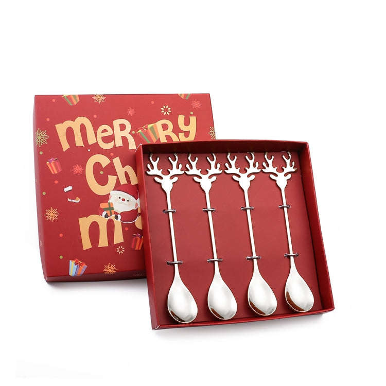 4pcs /Pack Christmas 304 Stainless Steel Deer Stirring Spoon Coffee Dessert Scoop, Color: Silver+...