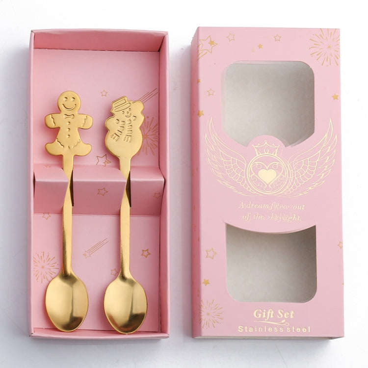 2pcs /Pack Christmas Stainless Steel Spoon Tableware Gift Set, Color: Pink Box Golden Gingerbread...