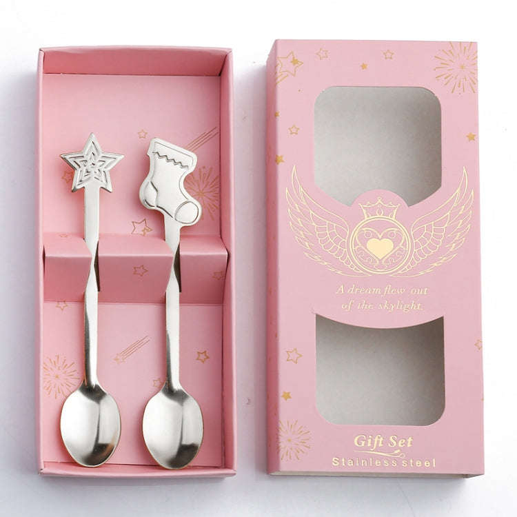2pcs /Pack Christmas Stainless Steel Spoon Tableware Gift Set, Color: Pink Box Silver Socks+Stars