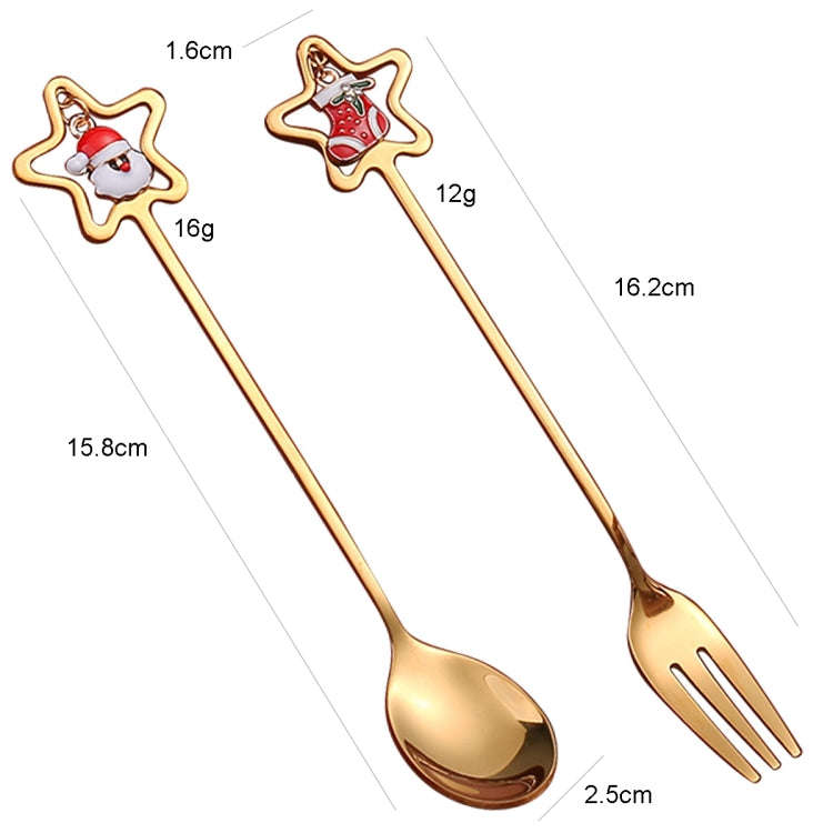 6pcs /Pack Christmas Stainless Steel Spoon And Fork Cutlery Gift Set, Style: 410 Pentagram+Green Box