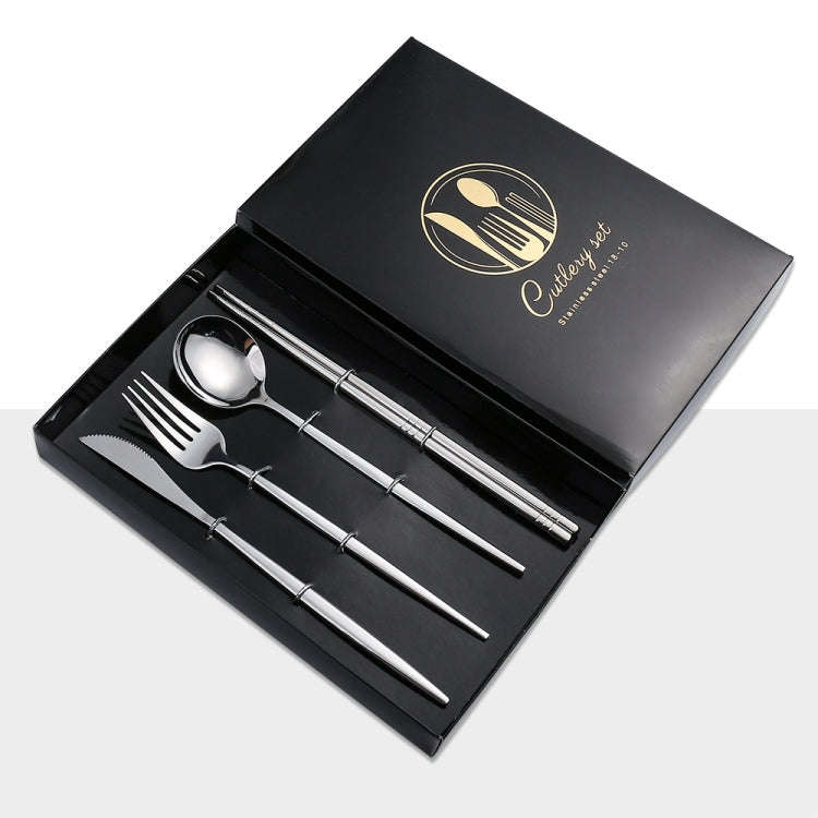 4pcs /Pack Stainless Steel Glossy Mirror Flatware Gift Set, Style: With Chopsticks (Silver)