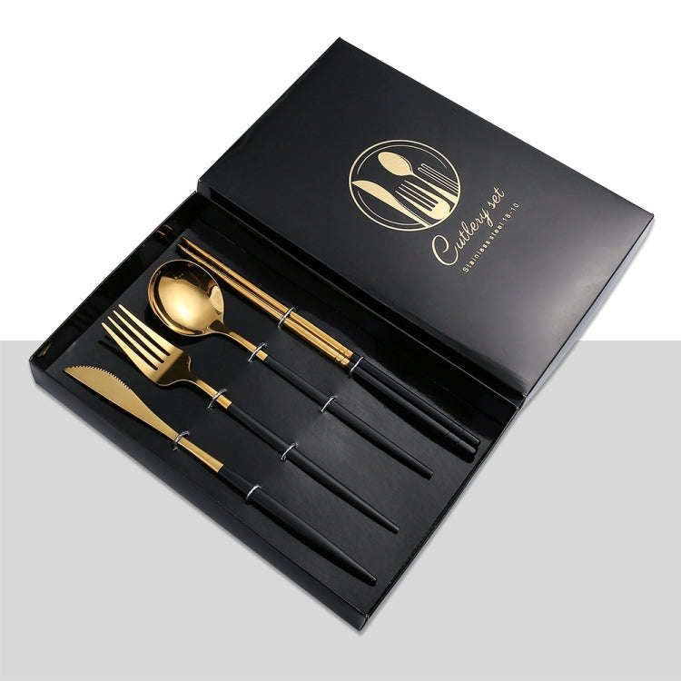 4pcs /Pack Stainless Steel Glossy Mirror Flatware Gift Set, Style: With Chopsticks (Black Golden)
