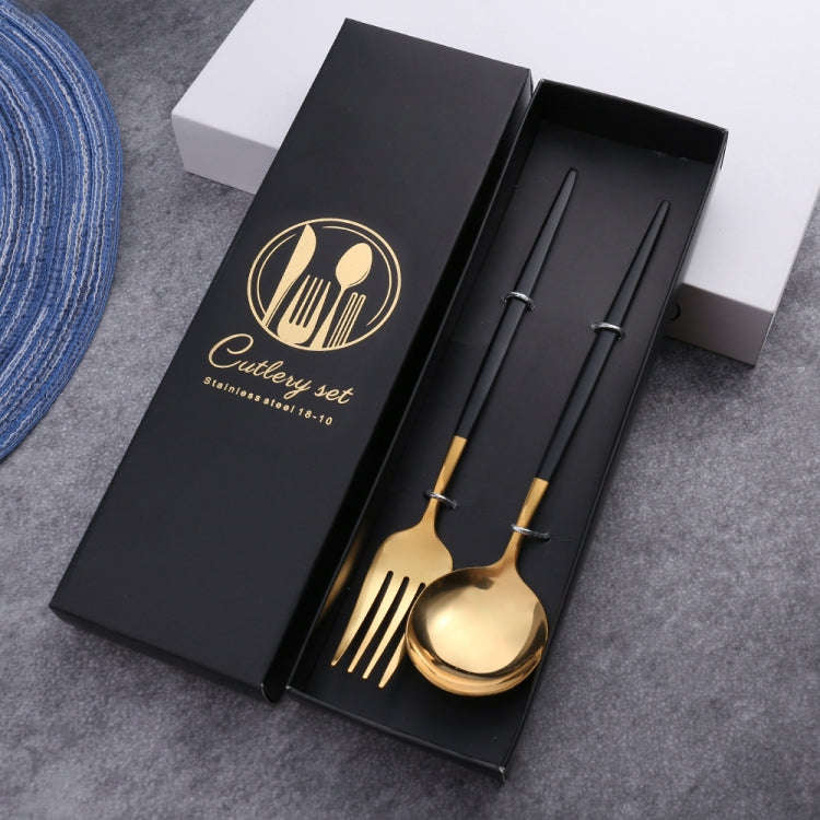 2pcs /Pack Stainless Steel Glossy Mirror Flatware Gift Set, Style: Spoon Fork (Black Golden)