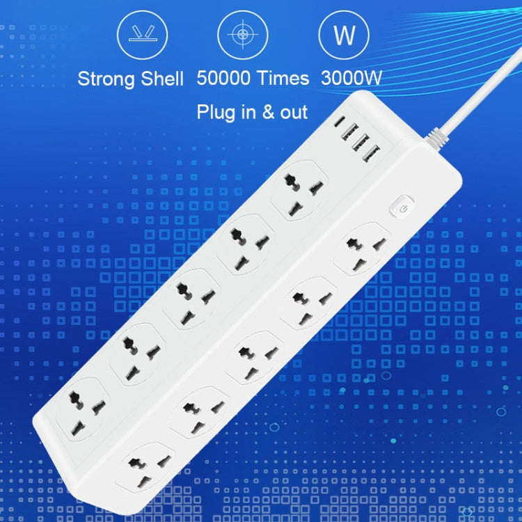 D15 2m 3000W 10 Plugs + PD + 3-USB Ports Vertical Socket With Switch, Specification: Two-pin US Plug