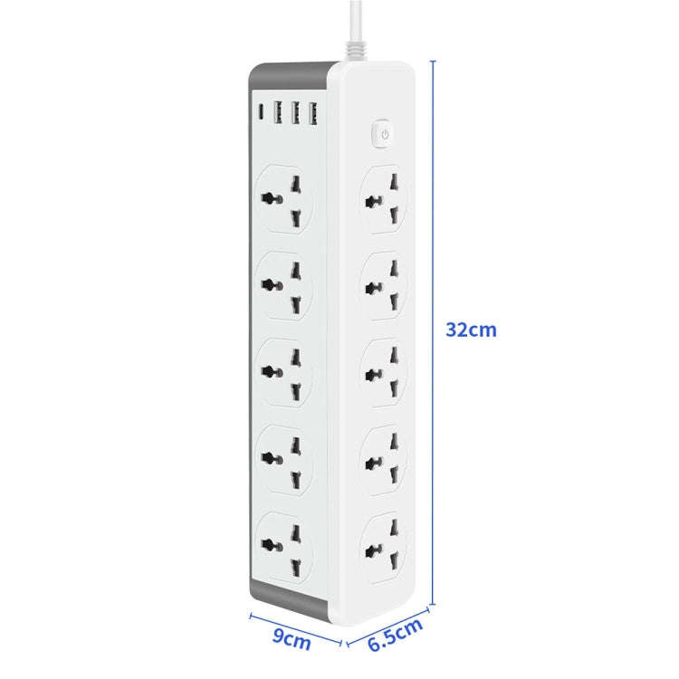D15 2m 3000W 10 Plugs + PD + 3-USB Ports Vertical Socket With Switch, Specification: Two-pin US Plug