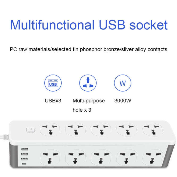 D15 2m 3000W 10 Plugs + PD + 3-USB Ports Vertical Socket With Switch, Specification: Two-pin US Plug
