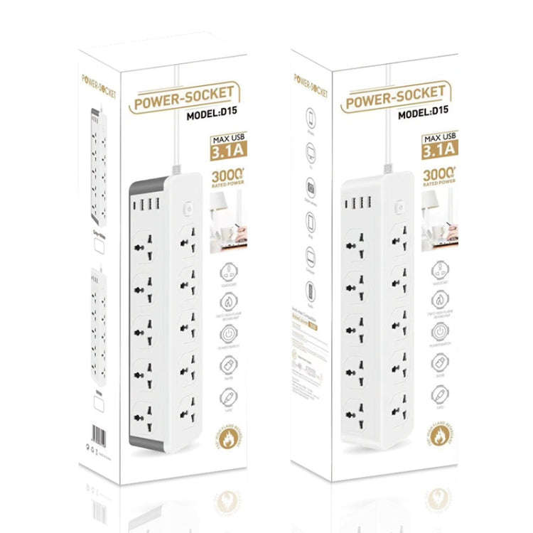 D15 2m 3000W 10 Plugs + PD + 3-USB Ports Vertical Socket With Switch, Specification: Two-pin US Plug
