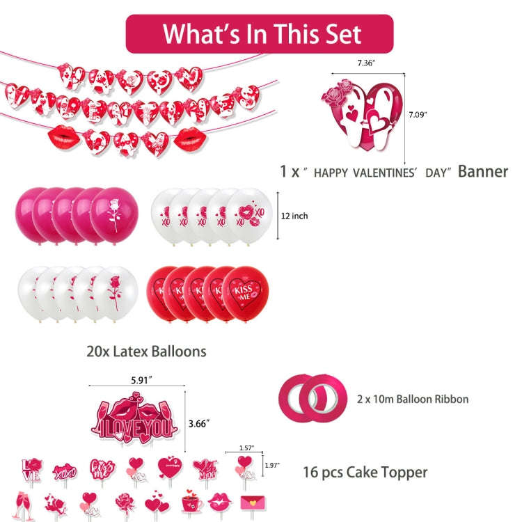 Valentines Day Party Decoration Set 1 Banner +20pcs Latex Balloons+ 16pcs Cake Topper