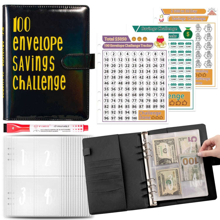 100 Day Savings Challenge A5 Loose Leaf Cash Budget Notebook(Black Gold)