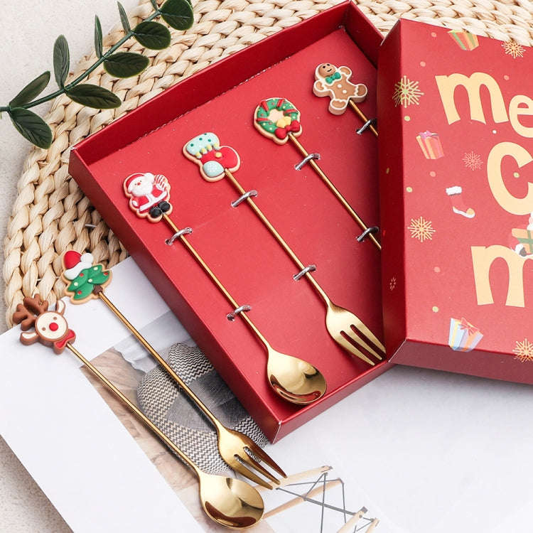 4pcs /Pack Christmas Gift Spoon Cartoon Fruit Fork Dessert Coffee Scoop, Style: D