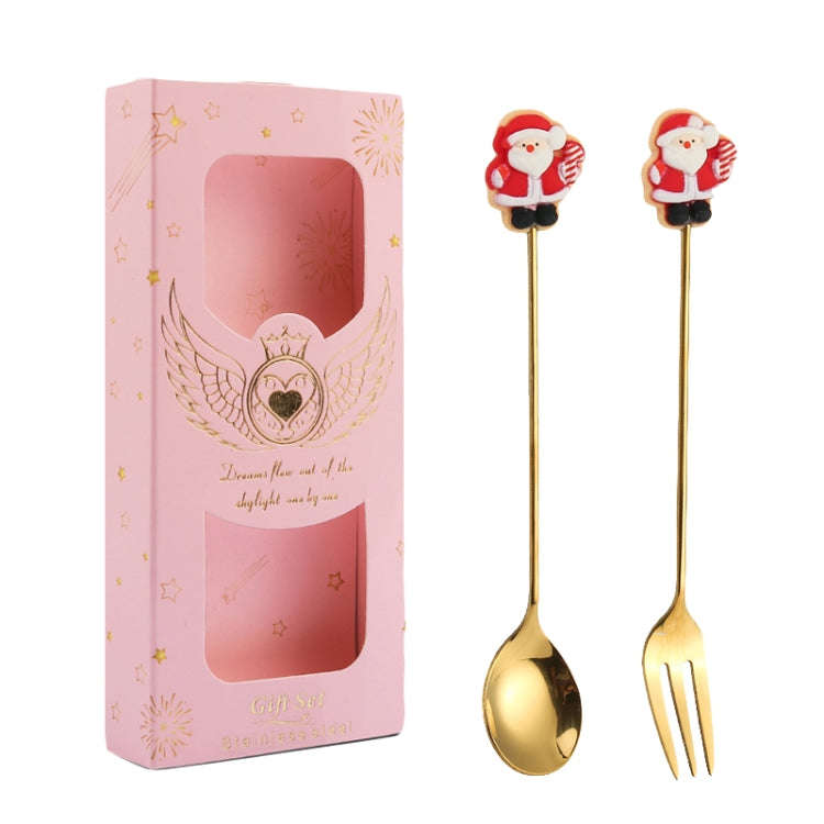 2pcs /Pack Christmas Gift Spoon Cartoon Fruit Fork Dessert Coffee Scoop, Style: Elderly (Pink Box)