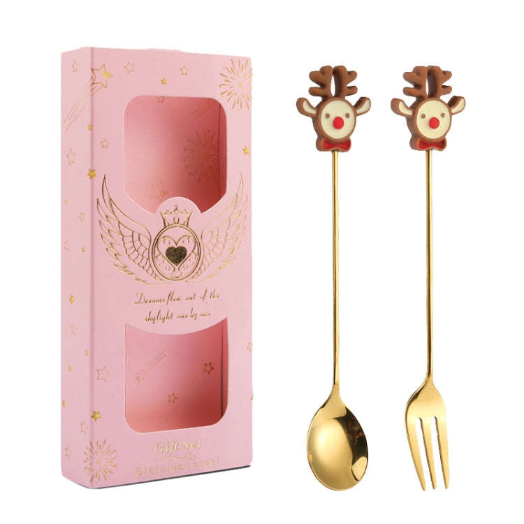 2pcs /Pack Christmas Gift Spoon Cartoon Fruit Fork Dessert Coffee Scoop, Style: Elk (Pink Box)