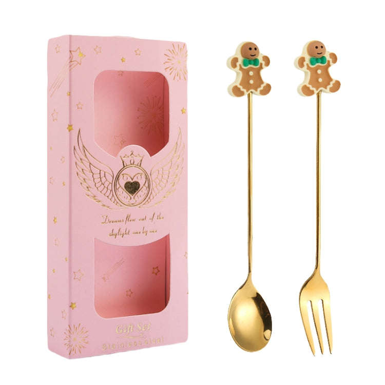 2pcs /Pack Christmas Gift Spoon Cartoon Fruit Fork Dessert Coffee Scoop, Style: Gingerbread (Pink...