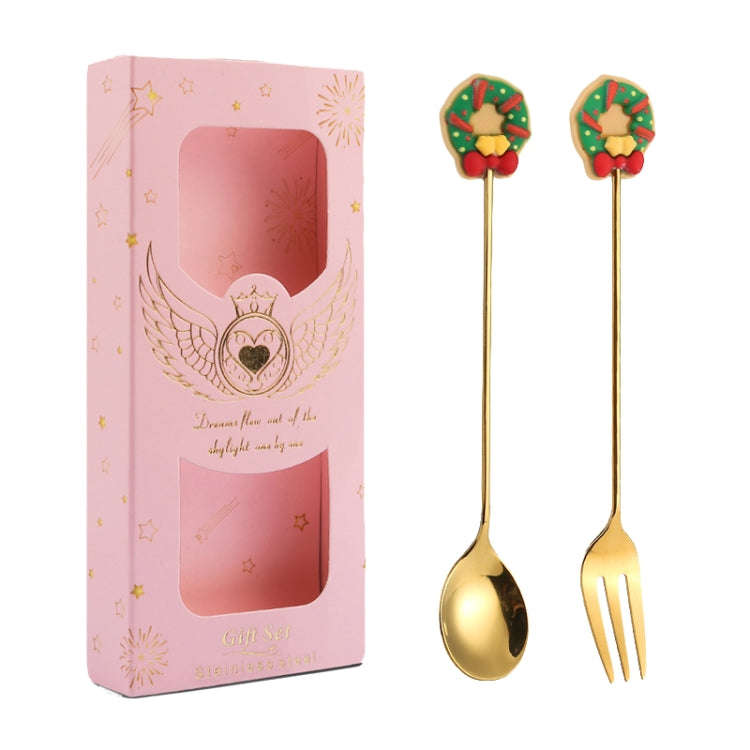 2pcs /Pack Christmas Gift Spoon Cartoon Fruit Fork Dessert Coffee Scoop, Style: Wreath (Pink Box)