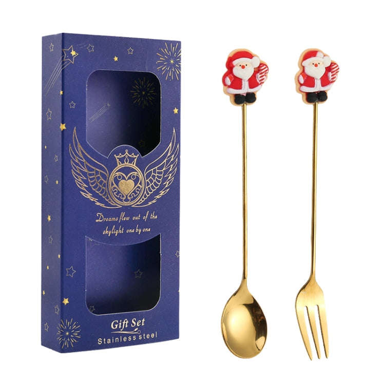 2pcs /Pack Christmas Gift Spoon Cartoon Fruit Fork Dessert Coffee Scoop, Style: Elderly (Blue Box)