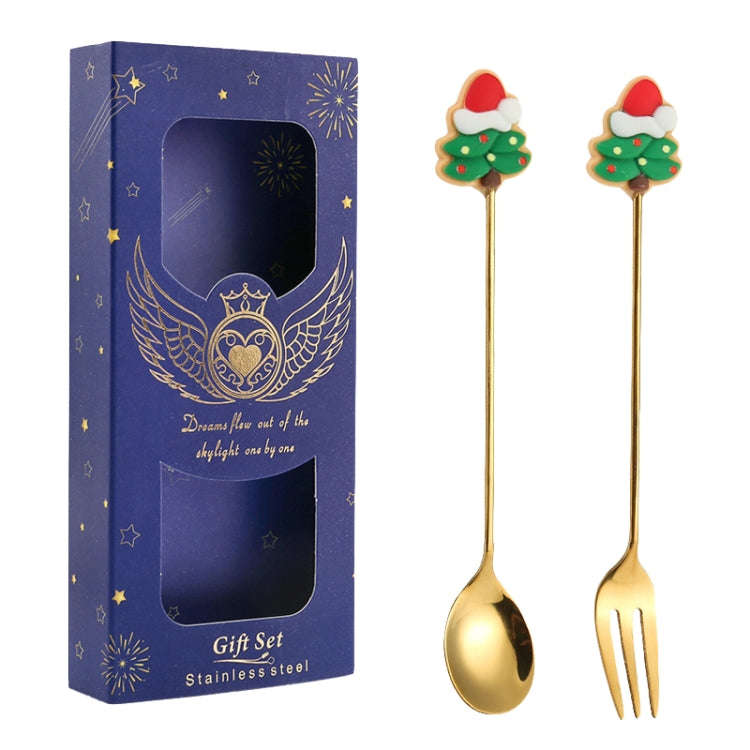 2pcs /Pack Christmas Gift Spoon Cartoon Fruit Fork Dessert Coffee Scoop, Style: Tree (Blue Box)