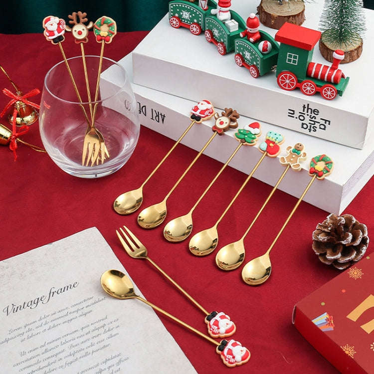 2pcs /Pack Christmas Gift Spoon Cartoon Fruit Fork Dessert Coffee Scoop, Style: Elk (Pink Box)