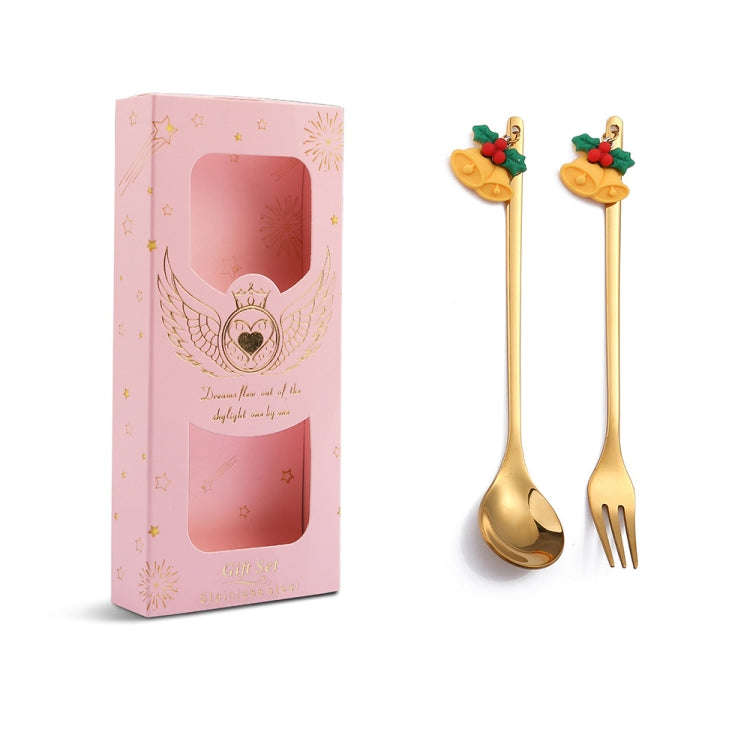 2pcs /Pack Christmas Mixing Spoon Fruit Fork With Pendant Flatware, Style: Bell (Pink Box)