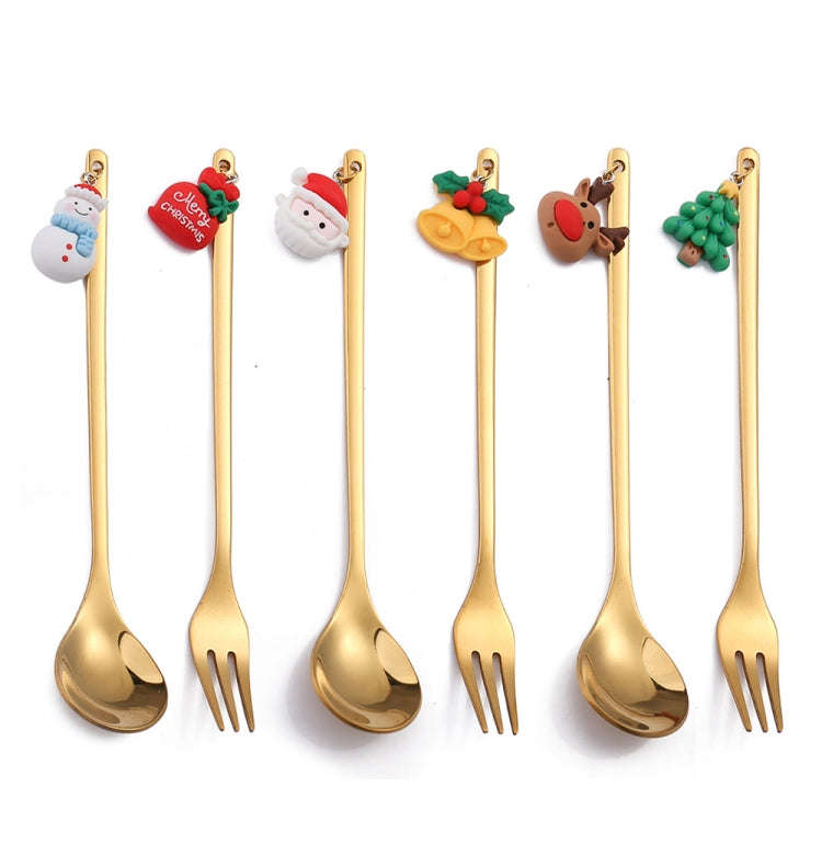 2pcs /Pack Christmas Mixing Spoon Fruit Fork With Pendant Flatware, Style: Fubuka (Pink Box)