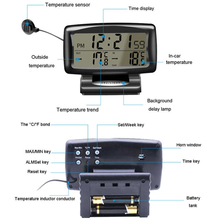 LCD Night Light Car Clock Automotive Electronics Inside And Outside Dual Thermometer