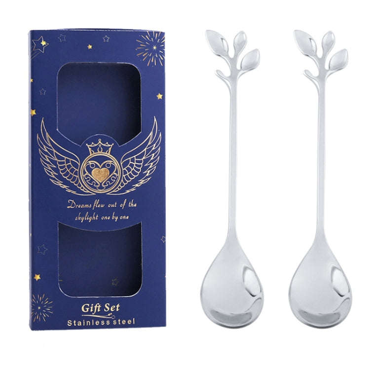 2pcs /Pack Stainless Steel Spoon And Fork Cutlery Set, Style: Leaf Spoon+Blue Box (Silver)