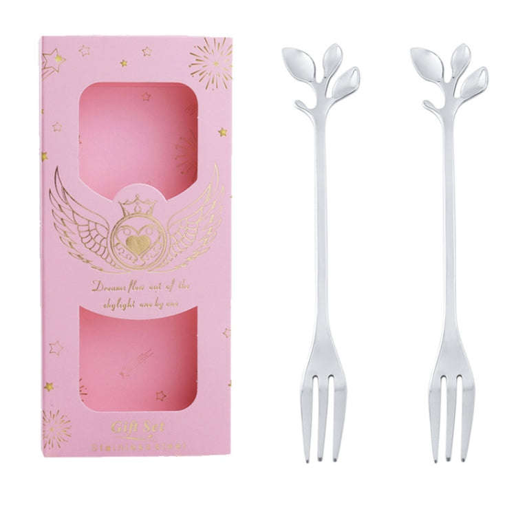 2pcs /Pack Stainless Steel Spoon And Fork Cutlery Set, Style: Leaf Fork+Pink Box (Silver)