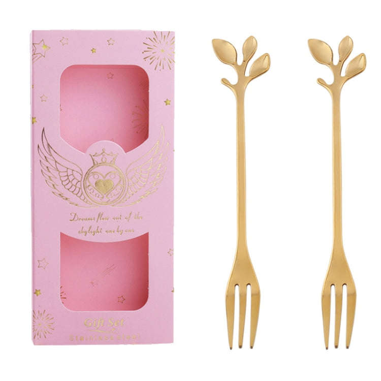 2pcs /Pack Stainless Steel Spoon And Fork Cutlery Set, Style: Leaf Fork Pink Box (Gold)
