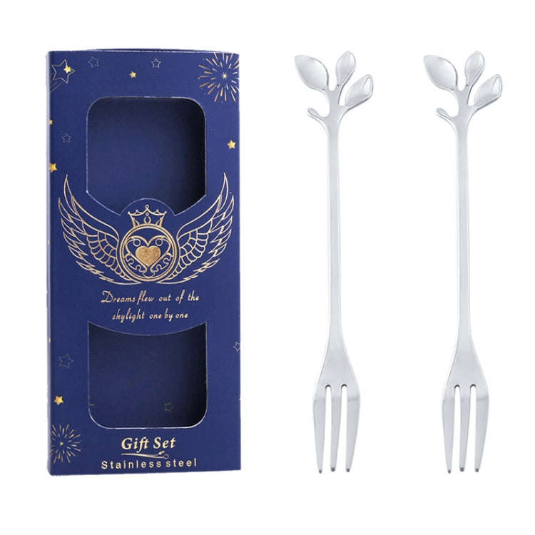 2pcs /Pack Stainless Steel Spoon And Fork Cutlery Set, Style: Leaf Fork+Blue Box (Silver)