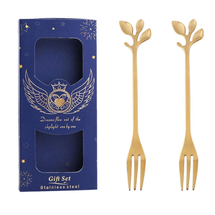 2pcs /Pack Stainless Steel Spoon And Fork Cutlery Set, Style: Leaf Fork+Blue Box (Gold)