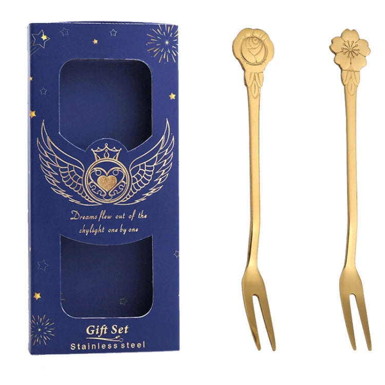 2pcs /Pack Stainless Steel Spoon And Fork Cutlery Set, Style: Flower Fork+Blue box (Gold)