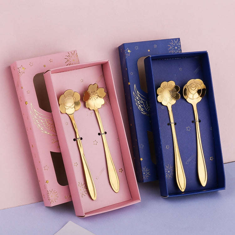 2pcs /Pack Stainless Steel Spoon And Fork Cutlery Set, Style: Flower Fork Pink Box (Silver)