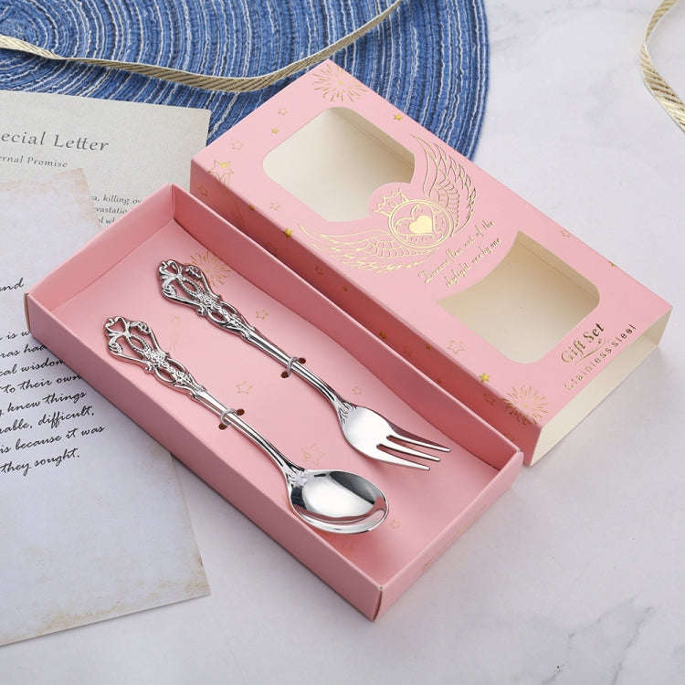 2pcs /Pack Retro Openwork Carved Dessert Spoon Fork Set Engraved Cutlery Gift Box, Style: Pink Bo...