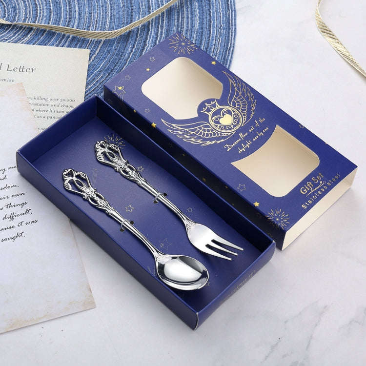 2pcs /Pack Retro Openwork Carved Dessert Spoon Fork Set Engraved Cutlery Gift Box, Style: Blue Bo...