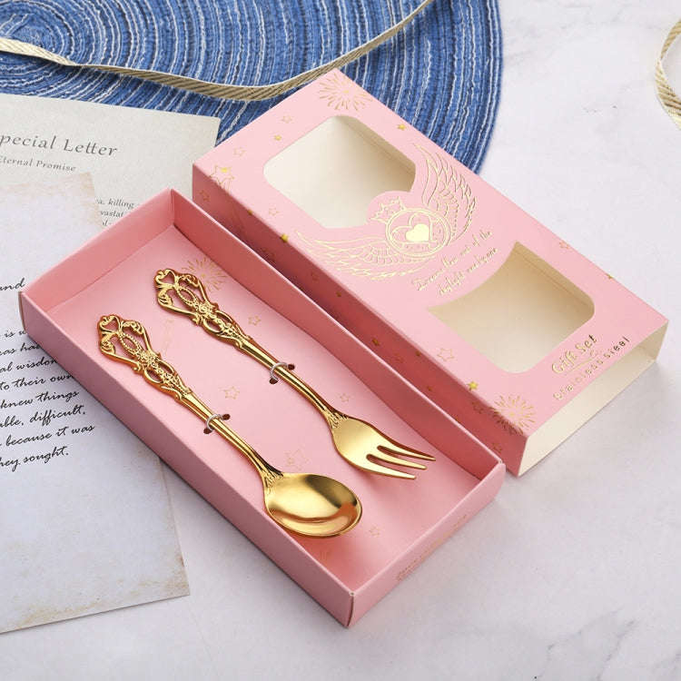 2pcs /Pack Retro Openwork Carved Dessert Spoon Fork Set Engraved Cutlery Gift Box, Style: Pink Bo...