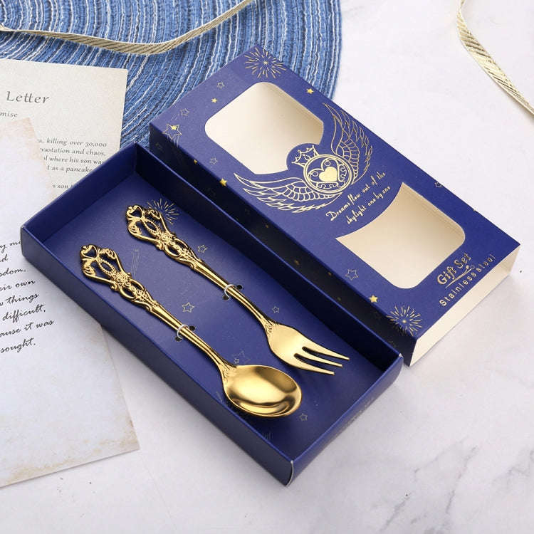 2pcs /Pack Retro Openwork Carved Dessert Spoon Fork Set Engraved Cutlery Gift Box, Style: Blue Bo...