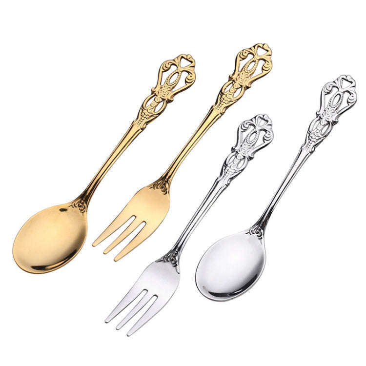 2pcs /Pack Retro Openwork Carved Dessert Spoon Fork Set Engraved Cutlery Gift Box, Style: Pink Bo...