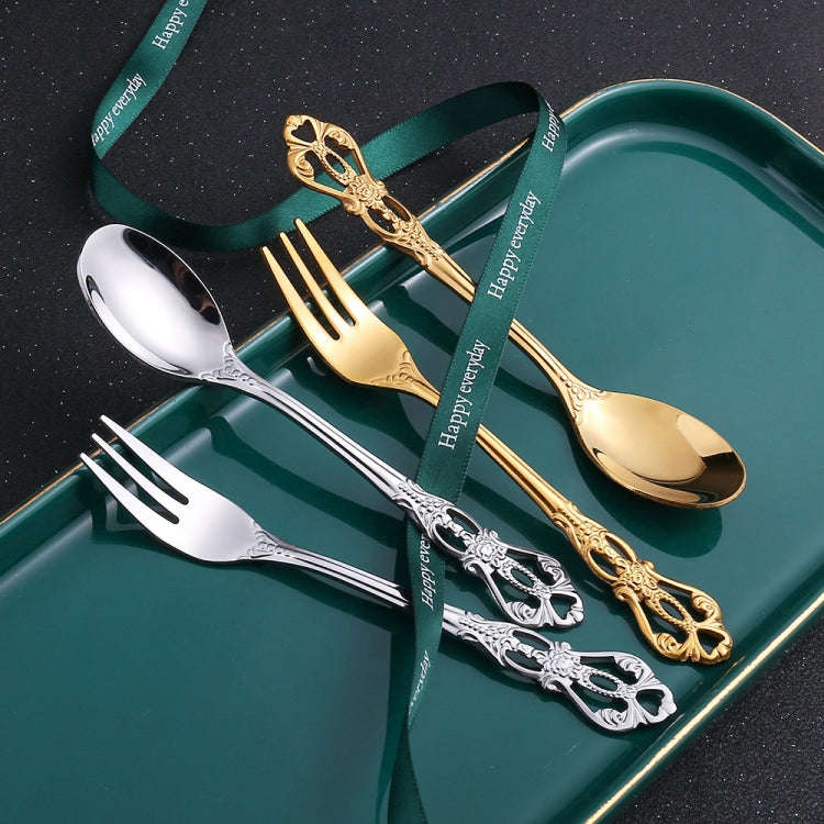 2pcs /Pack Retro Openwork Carved Dessert Spoon Fork Set Engraved Cutlery Gift Box, Style: Blue Bo...