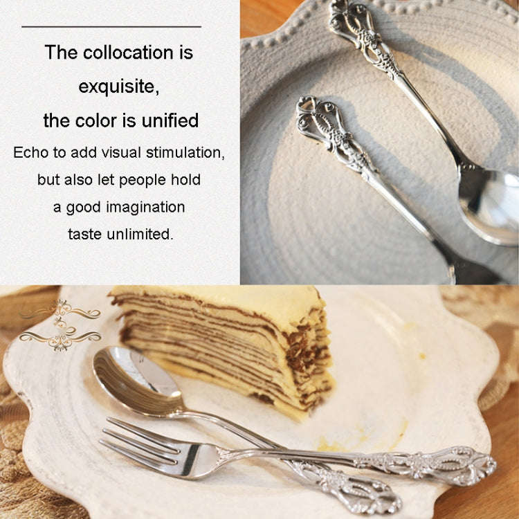 2pcs /Pack Retro Openwork Carved Dessert Spoon Fork Set Engraved Cutlery Gift Box, Style: Pink Bo...