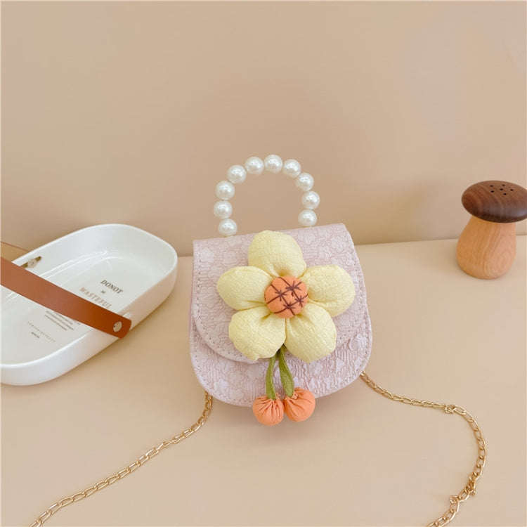 Children Cartoon Flower Pearl Handbag Princess Crossbody Bag Coin Purse(Pink)