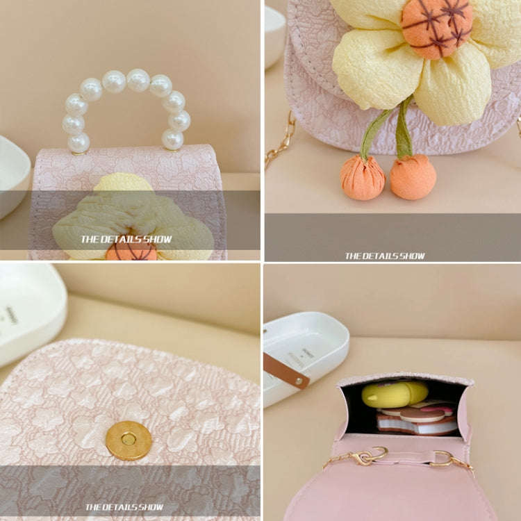 Children Cartoon Flower Pearl Handbag Princess Crossbody Bag Coin Purse(Pink)