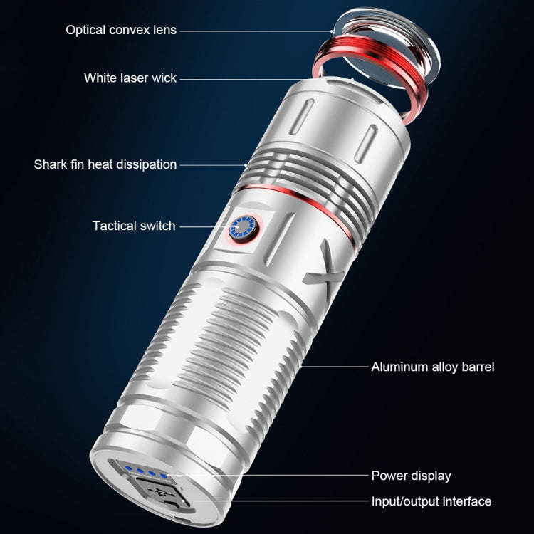 Outdoor White Laser Type-C Charging Telescopic Zoom Flashlight with Power Bank Function(Silver)