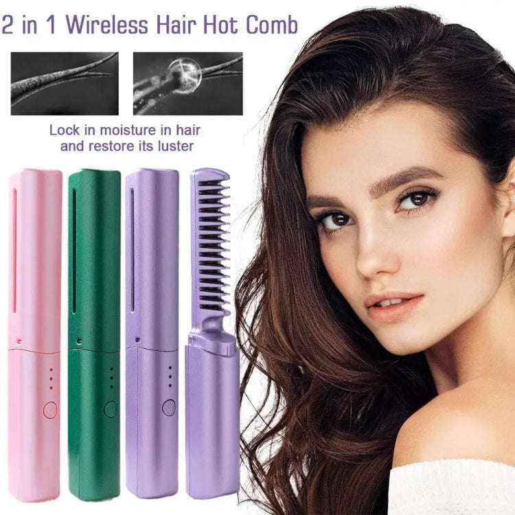 2 In 1 Portable USB Rechargeable Hair Curler Dual Usage Hair Straightening Comb(Green)