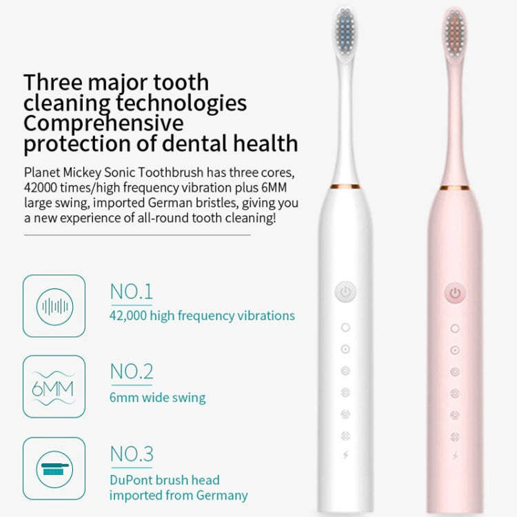 Rechargeable Ultrasonic Soft Bristle Electrical Toothbrushes Flosser 6 Gear With 4 Brushes(Pink)