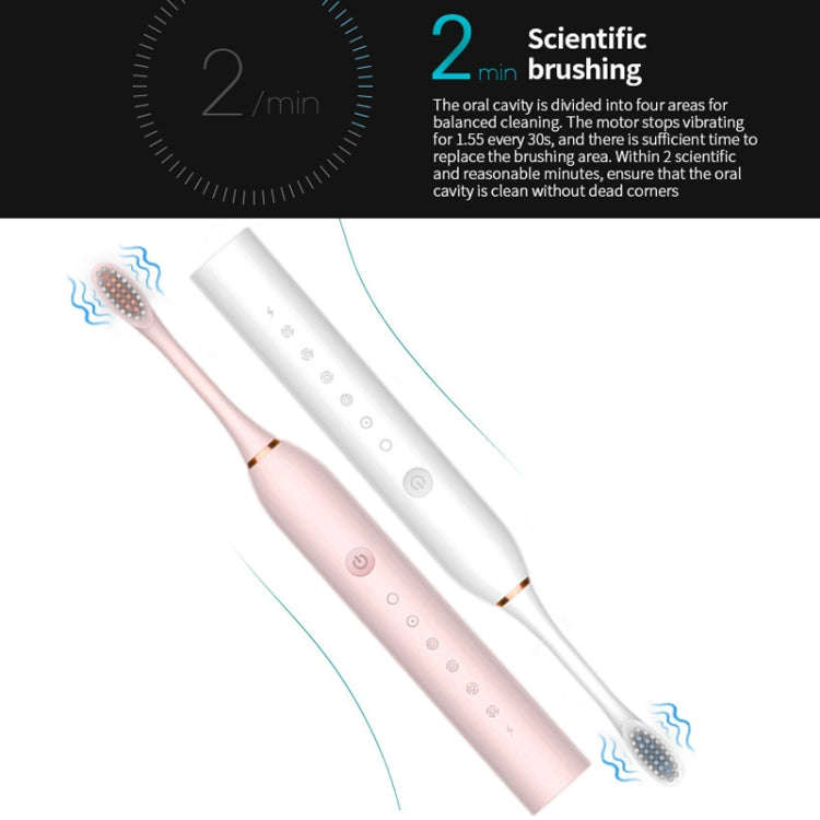 Rechargeable Ultrasonic Soft Bristle Electrical Toothbrushes Flosser 6 Gear With 4 Brushes(Pink)