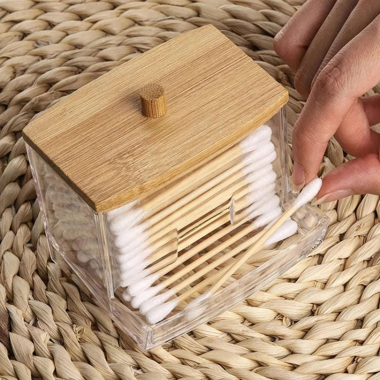 Leaky Cotton Swab Organiser Acrylic Jewellery Storage Cosmetic Case(Bamboo Lid)