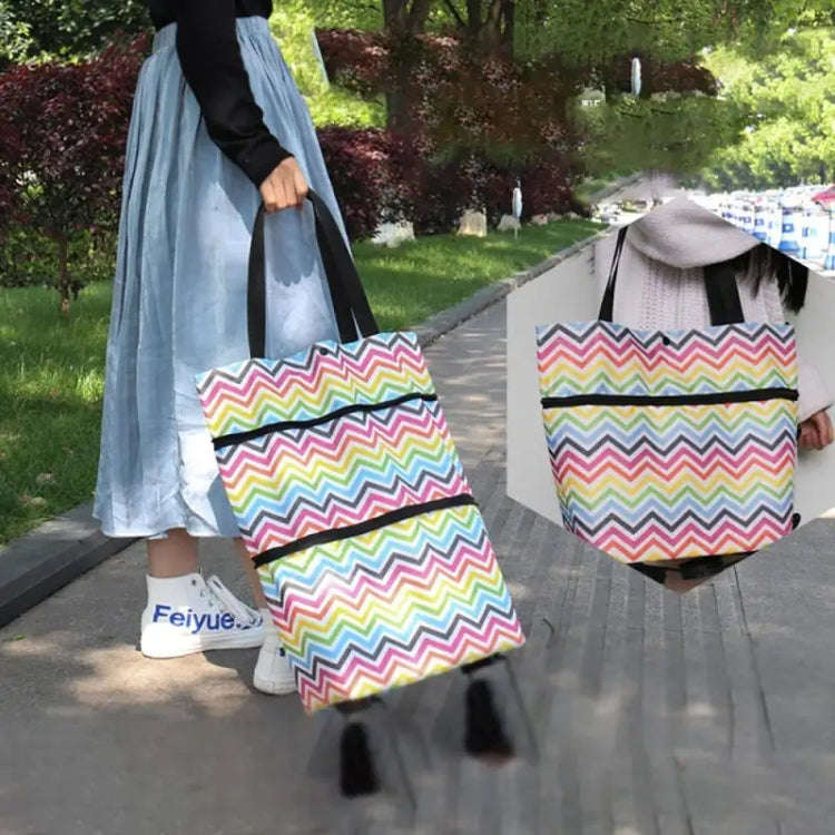 2 In 1  Oxford Cloth Shopping Bag Foldable Shopping Trolley Cart(Green Wave Dot)