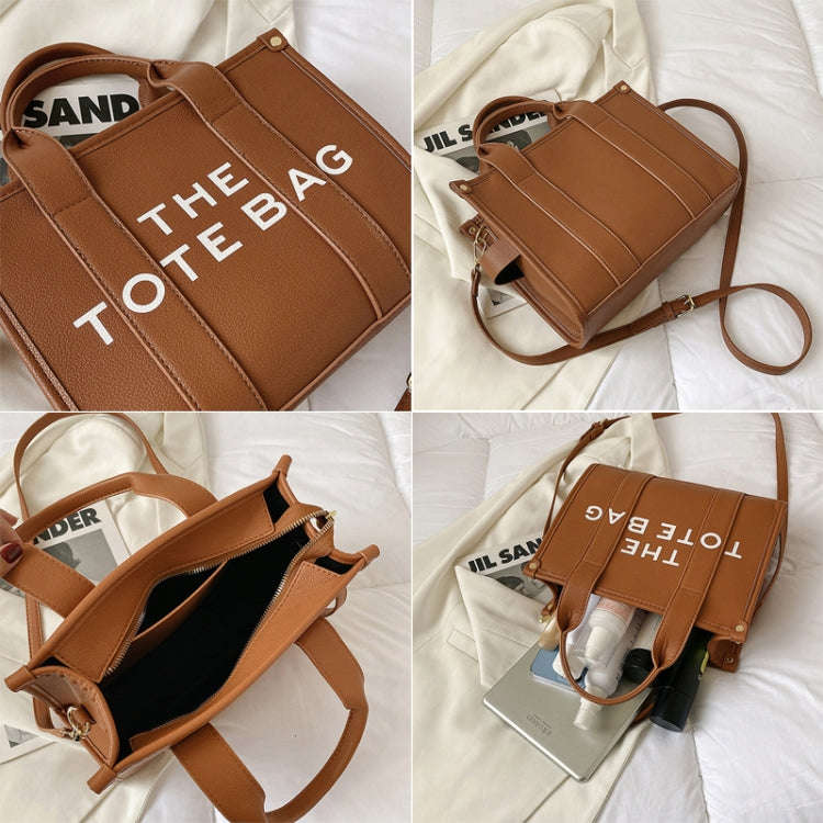 Women PU Leather Tote Bag Letter Printed Crossbody Bag(Small Khaki)