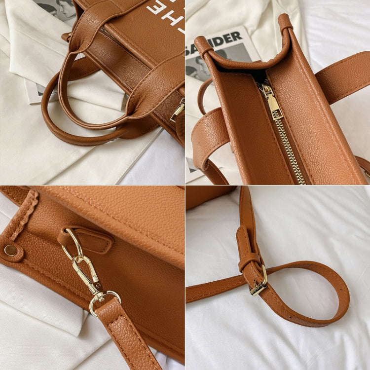Women PU Leather Tote Bag Letter Printed Crossbody Bag(Small Khaki)